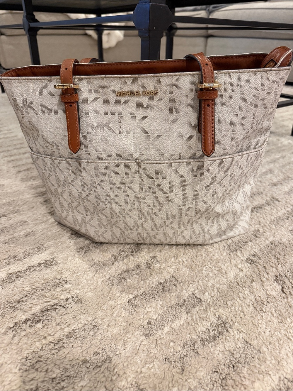 Michael Kors Cream MK Logo Tote with Brown Leather Straps 10x12